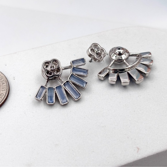 Henri Bendel silver tone sky blue stone logo jacket earrings - Picture 4 of 5
